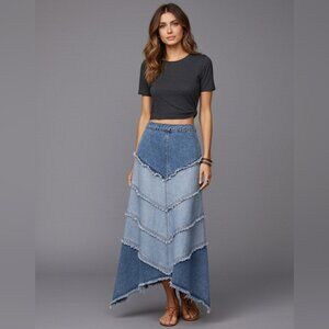 Long Denim Patchwork Skirt